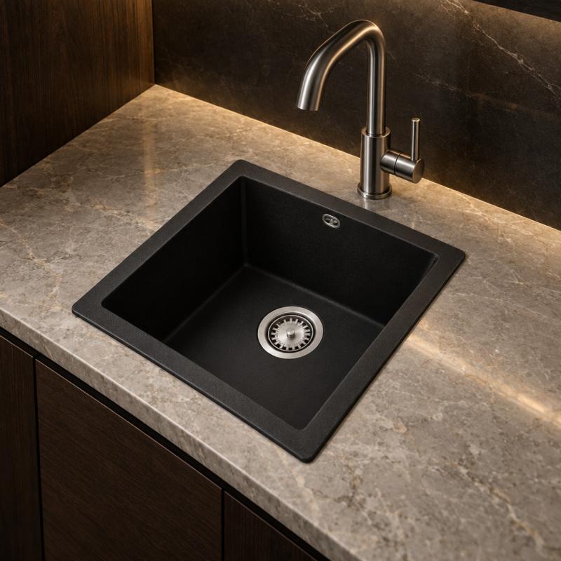 GraniteMy Universal granieten zwarte spoelbak 34x40 cm zwart opbouw onderbouw en vlakinbouw met rvs plug 1208967106